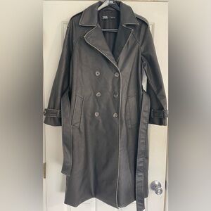 Zara Women's Black Double-Breasted Vegan Leather Trench Coat